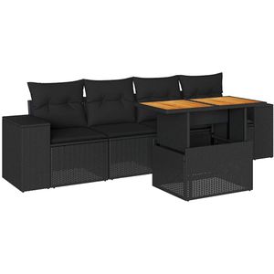 vidaXL 5-delige Loungeset met kussens poly rattan zwart