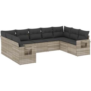 vidaXL - 9-delige - Loungeset - met - kussens - poly - rattan - lichtgrijs