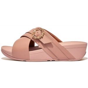 FitFlop Women Lulu Crystal-Buckle Leather Cross Slides Beige-Schoenmaat 37