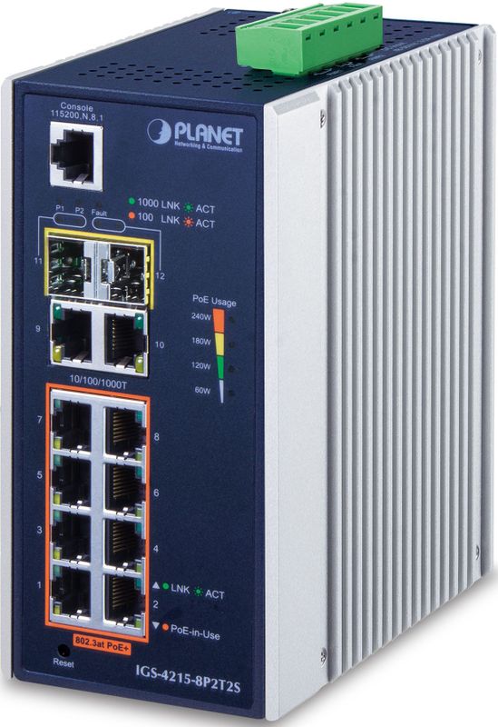 PLANET IP30 INDUSTRIAL L2/L4 8-PORT 10/100/1000T 802.3AT POL