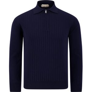 Aurelien Trui Blauw Heren Maat M - RIBBED ZIPPER POLO NAVY - Lente-Zomer - 100% extrafine merino wool