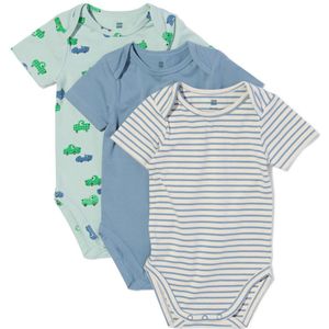 HEMA Rompers Biologisch Katoen Met Stretch Auto - 3 Stuks Blauw (blauw)