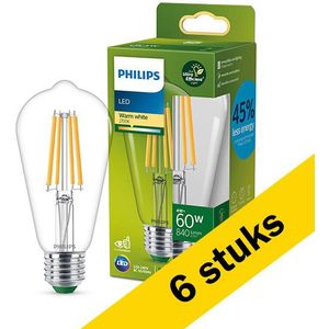 6x Philips LED lamp E27 | Edison ST64 | Ultra Efficient | Filament | Helder | 2700K | 4W (60W)