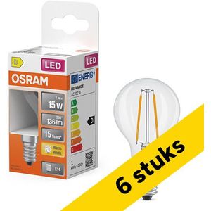 6x Osram LED lamp E14 | Kogel P45 | Filament | Helder | 2700K | 1W (15W)