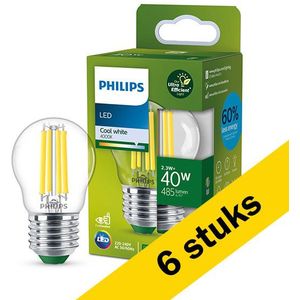 6x Philips LED lamp E27 | Kogel P45 | Ultra Efficient | Filament | Helder | 4000K | 2.3W (40W)