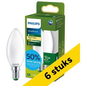 6x Philips LED lamp E14 | Kaars B35 | Ultra Efficient | Mat | 2700K | 1.2W (25W)