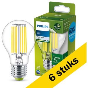 6x Philips LED lamp E27 | Peer A60 | Ultra Efficient | Filament | Helder | 4000K | 4W (60W)