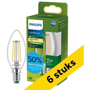 6x Philips LED lamp E14 | Kaars B35 | Ultra Efficient | Filament | Helder | 2700K | 1.2W (25W)