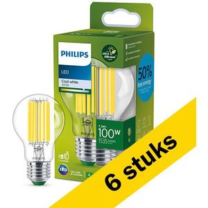 6x Philips LED lamp E27 | Peer A60 | Ultra Efficient |  Filament | Helder | 4000K | 7.3W (100W)