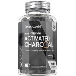 Activated Charcoal (Actieve Kool) - 180 capsules 2000 mg - Tegen winderigheid en opgeblazen buik - 100% puur zoals het wordt verkregen uit kokosnoten