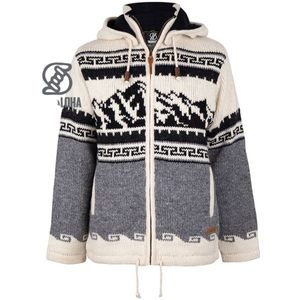 Shakaloha - Alaska ZH - Herenvest - Grijs-wit - Gebreid van Schapenwol met Fleece Voering en Afneembare Capuchon