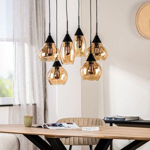 Hanglamp Zwart Amber Glas 6-lichts - Lungo | Nu Op Voorraad