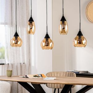 Hanglamp Zwart Amber Glas 5-lichts - Lungo | Nu Op Voorraad