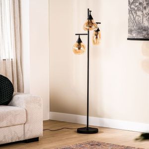 Vloerlamp Zwart Amber Glas 3-lichts - Lungo | Nu Op Voorraad