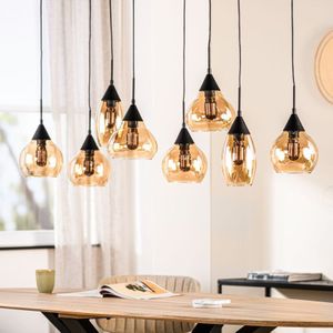 Hanglamp Zwart Amber Glas 8-lichts - Lungo | Nu Op Voorraad