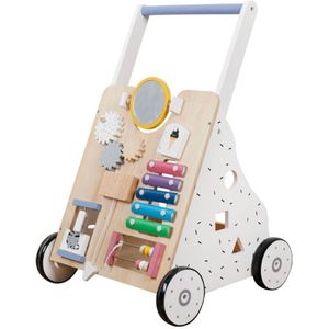 Loopwagen Hout - 'Baby Walker' - Activiteiten Duwwagen - Leren Lopen - Veel Speelopties - Wit / Hout