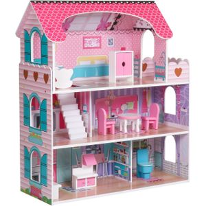 Houten Poppenhuis - Inclusief Meubels - 79-delig - Roze - 70cm