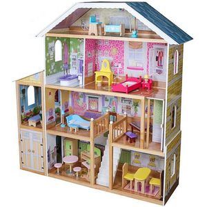 Maxxshop - Houten Poppenhuis - 28-delig - Wit Blauw Hout