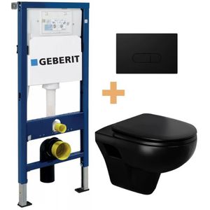 Linie Enzo mat zwart randloos met luxe wc-bril en Geberit Duofix UP100 Delta inbouwreservoir en bedieningspaneel