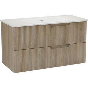 Linie Curvo zwevend badkamermeubel 100 x 46 cm lichte eik met Baro Curvo enkele wastafel in porcelein glanzend wit, Verticale symmetrische ronde ribbel