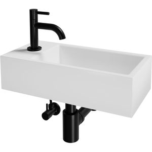 Luca Varess Cubic midi handenwasser glanzend wit Porselein 40x20cm links inclusief zwarte kraan en toebehoren