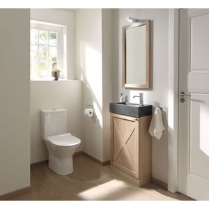 Luca Varess Delano staand toilet glanzend wit randloos, inclusief installatieset met L-vorm aansluiting, kraantje en flexibel
