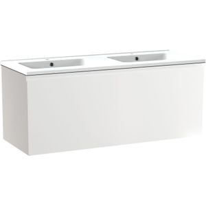 Linie Lado zwevend badkamermeubel 120 x 46 cm glanzend wit met Vano dubbele wastafel in composietmarmer mat wit