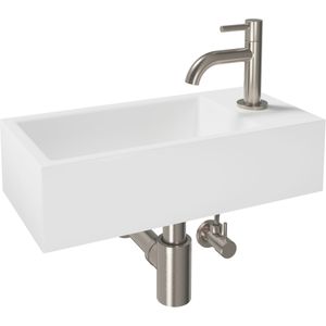 Luca Varess Cubic midi handenwasser glanzend wit Porselein rechts 40,5 x 20cm inclusief brushed coolmetal kraan en toebehoren