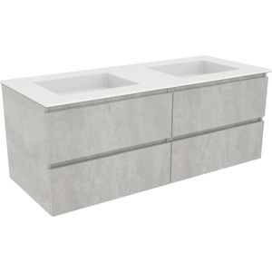 Balmani Lucida zwevend badkamermeubel 135 x 55 cm beton zilvergrijs met Tablo Stretto dubbele wastafel in matte Solid Surface