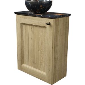 Balmani Lemon zwevend toiletmeubel 42 x 21 cm verweerde eik met Facetta tablet en Bari XS waskom in Portoro Gold marmer