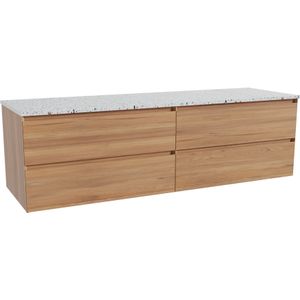 Balmani Mitra zwevend badkamermeubel 180 x 55 cm teak met Stretto enkel of dubbel tablet in mat wit/zwart terrazzo