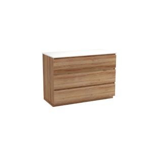 Balmani Lucida staand badkamermeubel 120 x 55 cm teak met Stretto enkel of dubbel tablet in solid surface mat wit