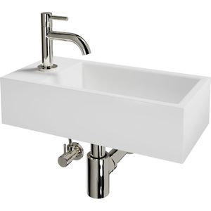 Luca Varess Cubic midi handenwasser glanzend wit Porselein 40x20cm links inclusief chroom kraan en toebehoren