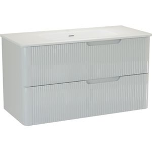 Linie Curvo zwevend badkamermeubel 100 x 46 cm glanzend wit met Baro Curvo enkele wastafel in porcelein glanzend wit, Verticale symmetrische ronde ribbel