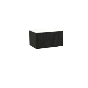 Balmani Fila zwevend badkamermeubel 90 x 55 cm fineer zwarte eik met Stretto enkel tablet in solid surface mat wit Verticale symmetrische rechte ribbel