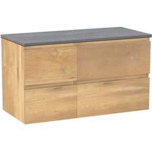 Linie Lado zwevend badkamermeubel 100 x 46 cm natuur eik met Lado enkel of dubbel tablet in melamine beton donkergrijs