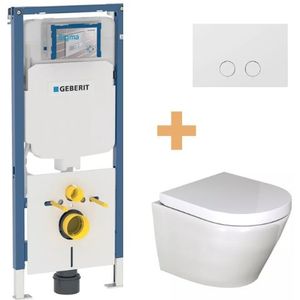 Luca Varess Calibro hangtoilet glanzend wit randloos compact met Geberit Systemfix UP720 Sigma inbouwreservoir en bedieningspaneel