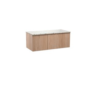 Balmani Forma zwevend badkamermeubel 120 x 55 cm natuur eik met Stretto enkel of dubbel tablet in terrazzo mat wit/zwart terrazzo Verticale symmetrische rechte ribbel