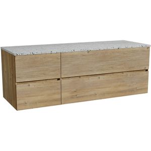 Storke Edge zwevend badkamermeubel 150 x 52 cm ruwe eik met Tavola enkel of dubbel tablet in mat wit/zwart terrazzo