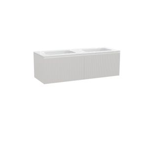 Balmani Fila zwevend badkamermeubel 150 x 55 cm mat wit met Tablo Strada dubbele wastafel in composiet glanzend wit Verticale symmetrische rechte ribbel