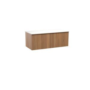 Balmani Forma zwevend badkamermeubel 120 x 55 cm teak met Stretto enkel of dubbel tablet in solid surface mat wit Verticale symmetrische rechte ribbel