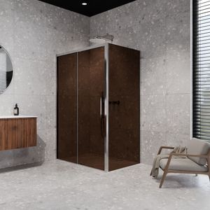 Balmani Senses Design douchehoek met linkse schuifdeur en vaste zijwand, 160 x 90 cm, Brons, Glanzend chroom profielen