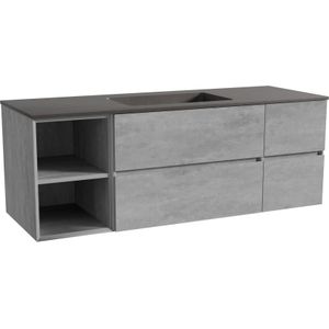 Storke Edge zwevend badkamermeubel 145 x 52 cm beton donkergrijs met Scuro enkele wastafel in kwarts mat zwart