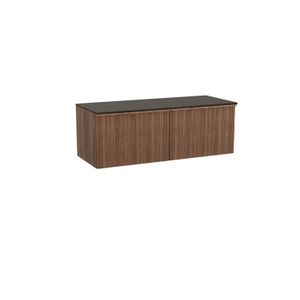 Balmani Forma zwevend badkamermeubel 135 x 55 cm amerikaanse notelaar met Sfera enkel of dubbel tablet in melamine eucalyptus Verticale asymmetrische ronde ribbel