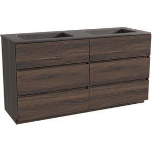 Storke Edge staand badkamermeubel 150 x 52 cm notelaar met Scuro dubbele wastafel in kwarts mat zwart