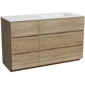 Storke Edge staand badkamermeubel 130 x 52 cm ruwe eik met Mata asymmetrisch rechtse wastafel in solid surface mat wit