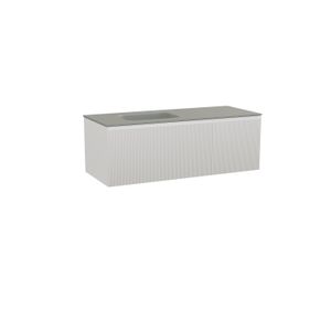 Balmani Fila zwevend badkamermeubel 135 x 55 cm mat wit met Tablo Arcato asymmetrisch linkse wastafel in solid surface steengrijs Verticale symmetrische rechte ribbel