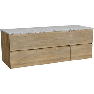 Storke Edge zwevend badkamermeubel 150 x 52 cm ruwe eik met Tavola enkel of dubbel tablet in mat wit/zwart terrazzo