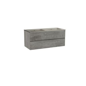 Storke Edge zwevend badkamermeubel 120 x 52 cm beton donkergrijs met Diva dubbele wastafel in mat zijdegrijze top solid