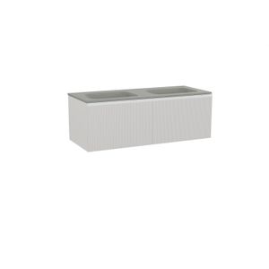 Balmani Fila zwevend badkamermeubel 135 x 55 cm mat wit met Tablo Strada dubbele wastafel in composietmarmer zijdegrijs Verticale symmetrische rechte ribbel